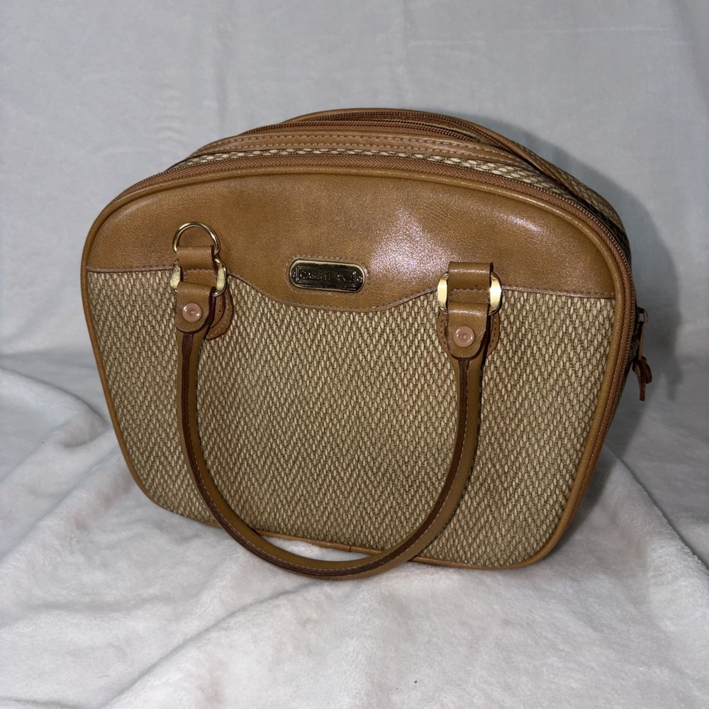 Vintage Carryland USA‎ 80s Tan Tweed Leather Handbag Multi Compartments Academia